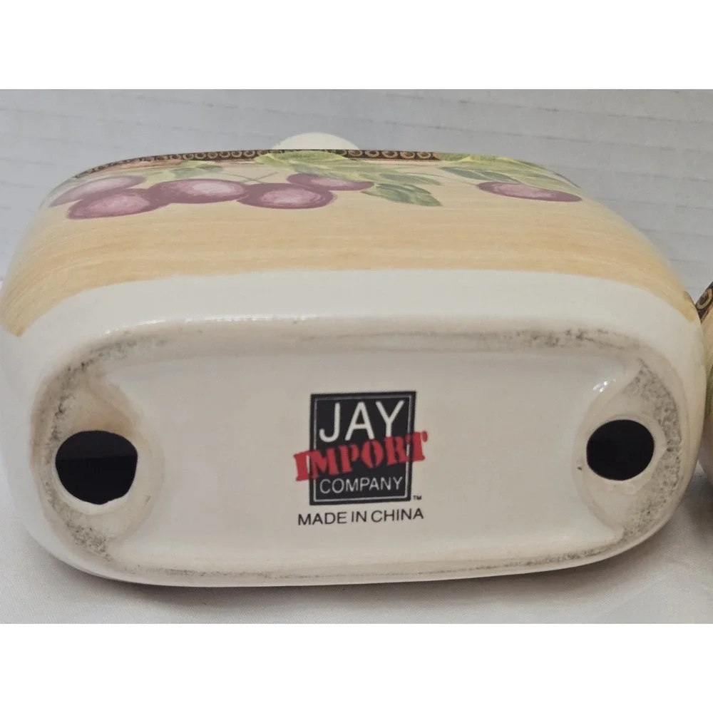 Vtg Jay Imports Ceramic Napkin Holder Salt Pepper Shaker Fruit‎ Pattern Set of 3